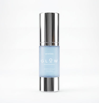 GLOW Advanced Peptide Serum bottle with blue liquid