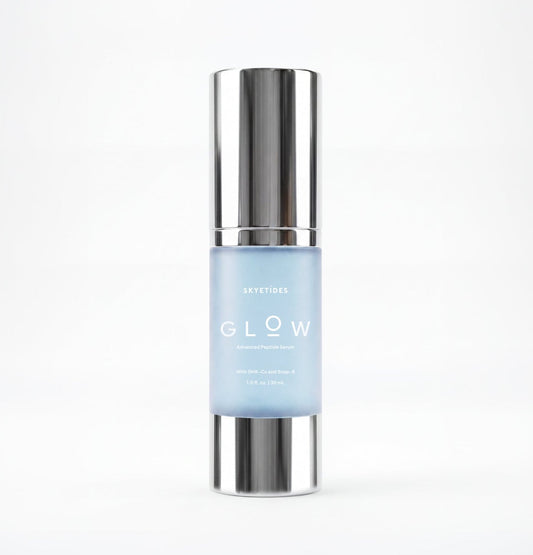 GLOW Advanced Peptide Serum bottle with blue liquid
