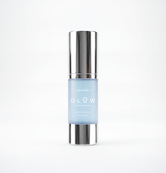 GLOW Advanced Peptide Serum bottle with blue liquid