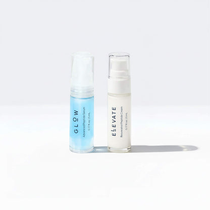 Glow serum and Elevate peptide cream samples as a complete peptide skincare set by Skyetides